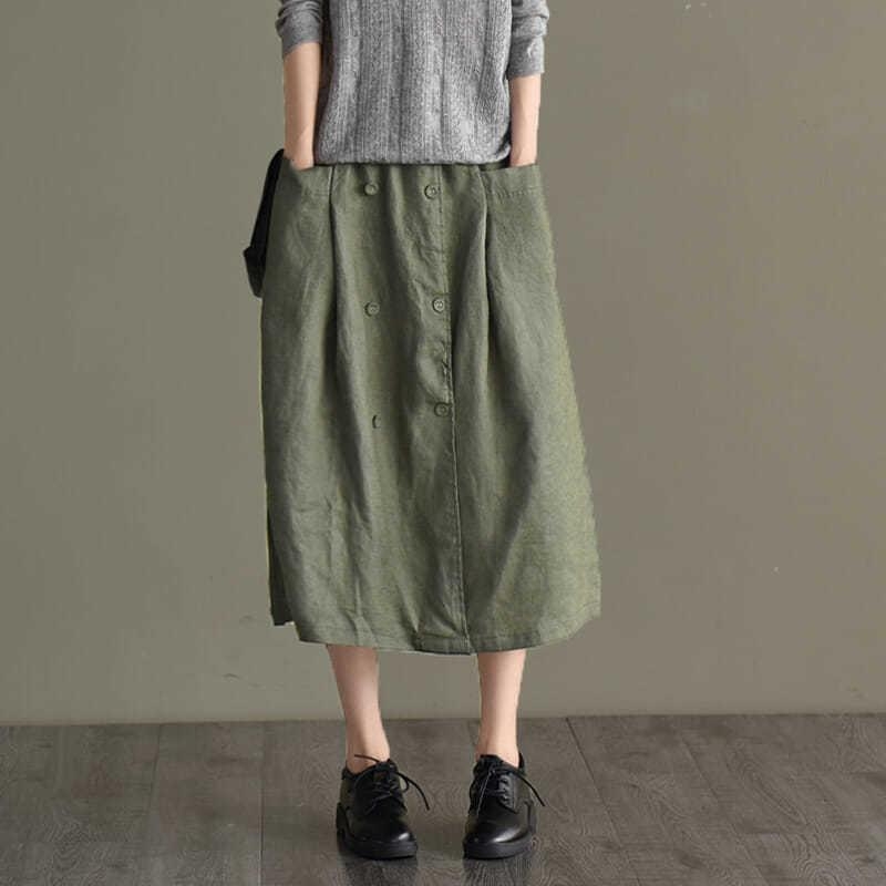 Ženska suknja od pamuka i lana, visok struk, A-kroj, srednja duljina, jednobojna, casual stil
