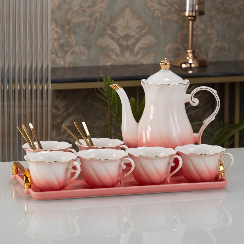 Skandináv stílusú aranyozott luxus porcelán teás- és kávés készlet, csészékkel, teáskannával és tálcával
