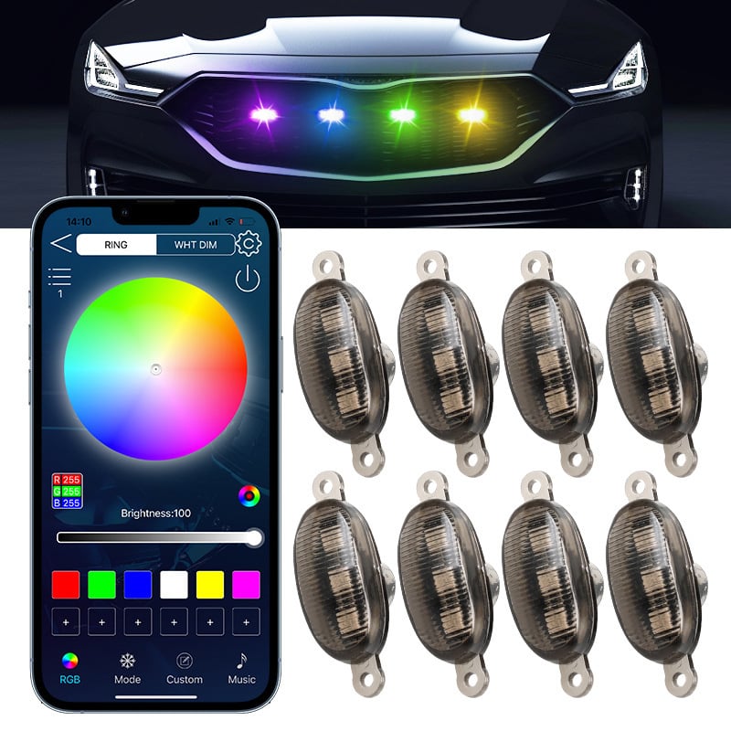 APP-vezérlésű RGB középső hűtőmaszk világítás, első lökhárítóra nappali világítás, univerzális terepjáró járművekhez