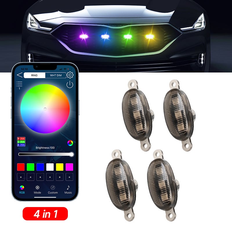 APP-vezérlésű RGB középső hűtőmaszk világítás, első lökhárítóra nappali világítás, univerzális terepjáró járművekhez