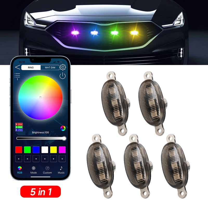 APP-vezérlésű RGB középső hűtőmaszk világítás, első lökhárítóra nappali világítás, univerzális terepjáró járművekhez
