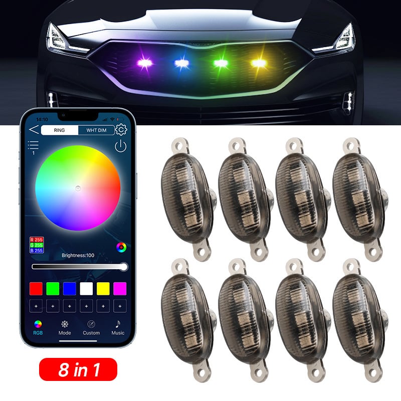 APP-vezérlésű RGB középső hűtőmaszk világítás, első lökhárítóra nappali világítás, univerzális terepjáró járművekhez