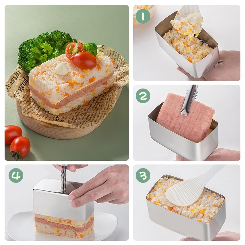 Правоъгълен формиращ уред за оризови топчета, 304 неръждаема стомана – инструмент за бебешка храна, суши и слоено оформяне на ориза.