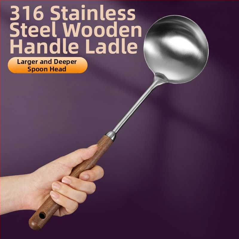 Set kuchynských nástrojov z nehrdzavejúcej ocele 316 s orechovými rúčkami — špachtľa, lyžica na polievku, naberačka, sito