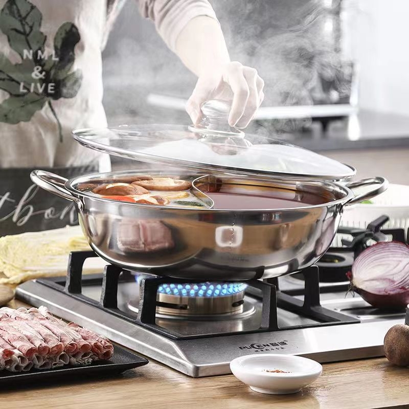 Горещ съд от неръждаема стомана с разделен съд за два вкуса, 28 см, двойни дръжки и капак, за домашна и професионална употреба