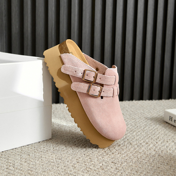 Rózsaszín Birkenstock-stílusú szandál vastag talppal, 6 cm-es magasságú, valódi bőr felsőrésszel, női nyári papucs