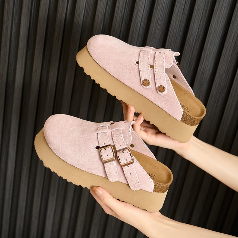 Rózsaszín Birkenstock-stílusú szandál vastag talppal, 6 cm-es magasságú, valódi bőr felsőrésszel, női nyári papucs