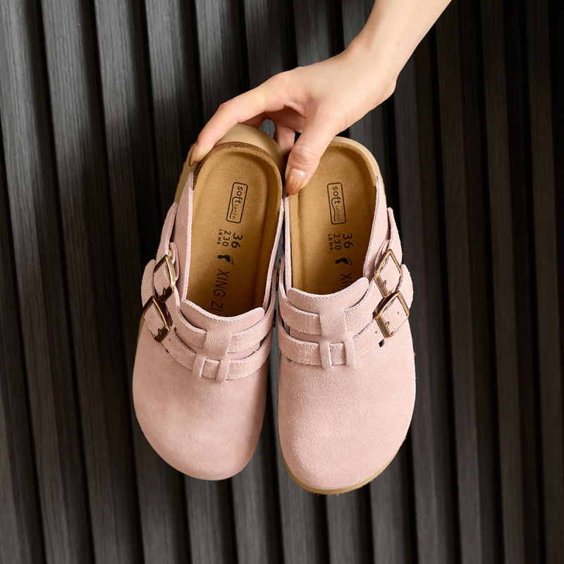 Rózsaszín Birkenstock-stílusú szandál vastag talppal, 6 cm-es magasságú, valódi bőr felsőrésszel, női nyári papucs