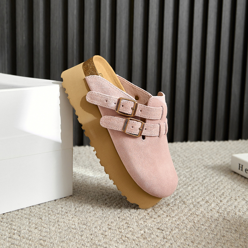 Rózsaszín Birkenstock-stílusú szandál vastag talppal, 6 cm-es magasságú, valódi bőr felsőrésszel, női nyári papucs