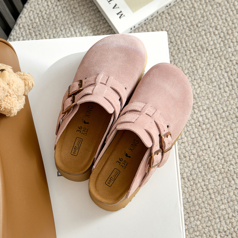 Rózsaszín Birkenstock-stílusú szandál vastag talppal, 6 cm-es magasságú, valódi bőr felsőrésszel, női nyári papucs