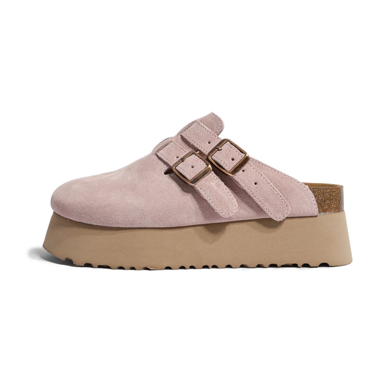 Rózsaszín Birkenstock-stílusú szandál vastag talppal, 6 cm-es magasságú, valódi bőr felsőrésszel, női nyári papucs