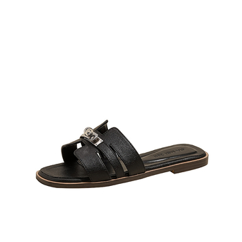 Ženske sandale za plažu u jednoj boji, ravna podloga, četvrtasti vrh, metalna kopča i prorezani dizajn, casual slip-on sandale za ljeto 2025