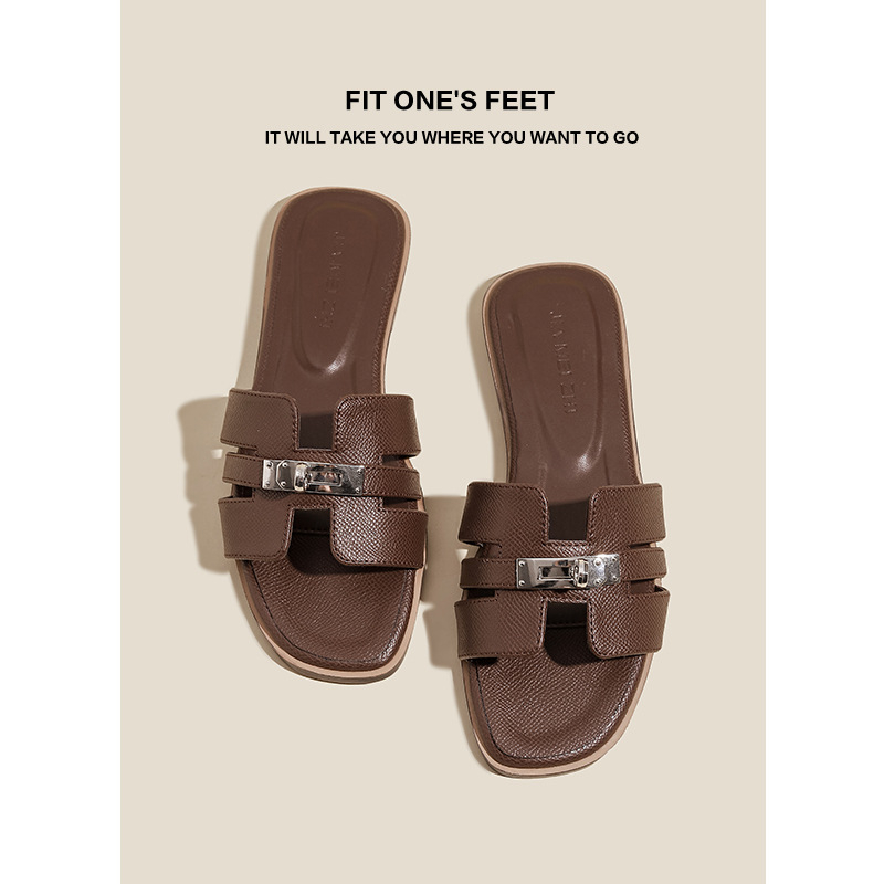 Ženske sandale za plažu u jednoj boji, ravna podloga, četvrtasti vrh, metalna kopča i prorezani dizajn, casual slip-on sandale za ljeto 2025