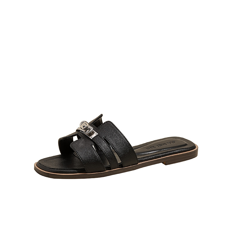 Ženske sandale za plažu u jednoj boji, ravna podloga, četvrtasti vrh, metalna kopča i prorezani dizajn, casual slip-on sandale za ljeto 2025