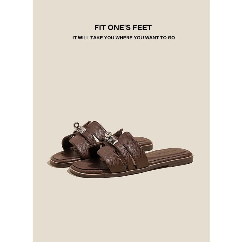 Ženske sandale za plažu u jednoj boji, ravna podloga, četvrtasti vrh, metalna kopča i prorezani dizajn, casual slip-on sandale za ljeto 2025
