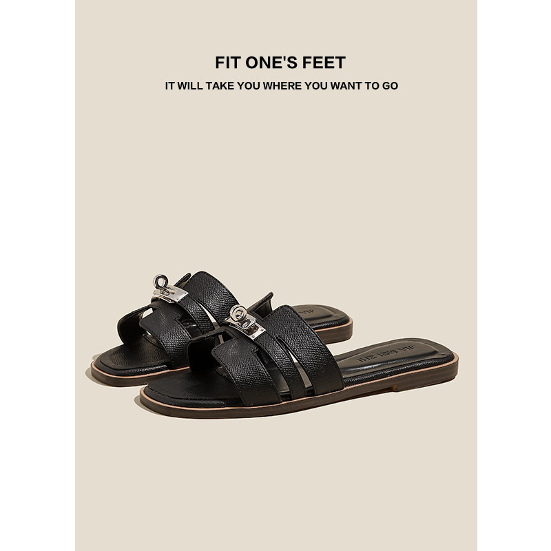 Ženske sandale za plažu u jednoj boji, ravna podloga, četvrtasti vrh, metalna kopča i prorezani dizajn, casual slip-on sandale za ljeto 2025