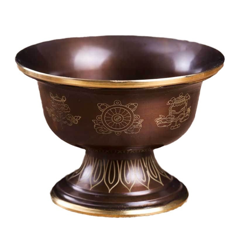 Bakrena zdjela za ponudu vode s urezbarenim cvjetnim uzorkom, Buddha-ov oltar na visokoj nozi