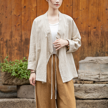 Ženski Hanfu top od ramije, s efektom pijeska (sand-washed), proljetna verzija, križni ovratnik, kineski stil, bluza za čajnu ceremoniju, Zen inspiriran