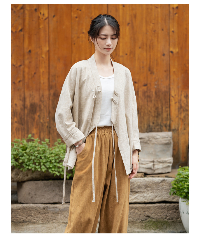 Ženski Hanfu top od ramije, s efektom pijeska (sand-washed), proljetna verzija, križni ovratnik, kineski stil, bluza za čajnu ceremoniju, Zen inspiriran