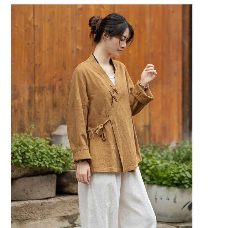 Ženski Hanfu top od ramije, s efektom pijeska (sand-washed), proljetna verzija, križni ovratnik, kineski stil, bluza za čajnu ceremoniju, Zen inspiriran