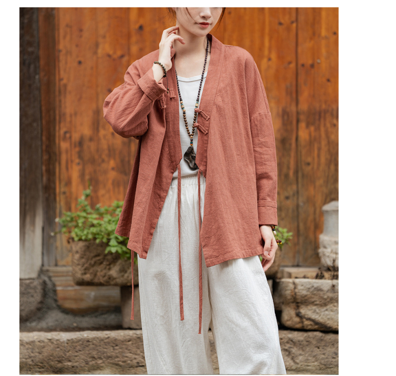 Ženski Hanfu top od ramije, s efektom pijeska (sand-washed), proljetna verzija, križni ovratnik, kineski stil, bluza za čajnu ceremoniju, Zen inspiriran