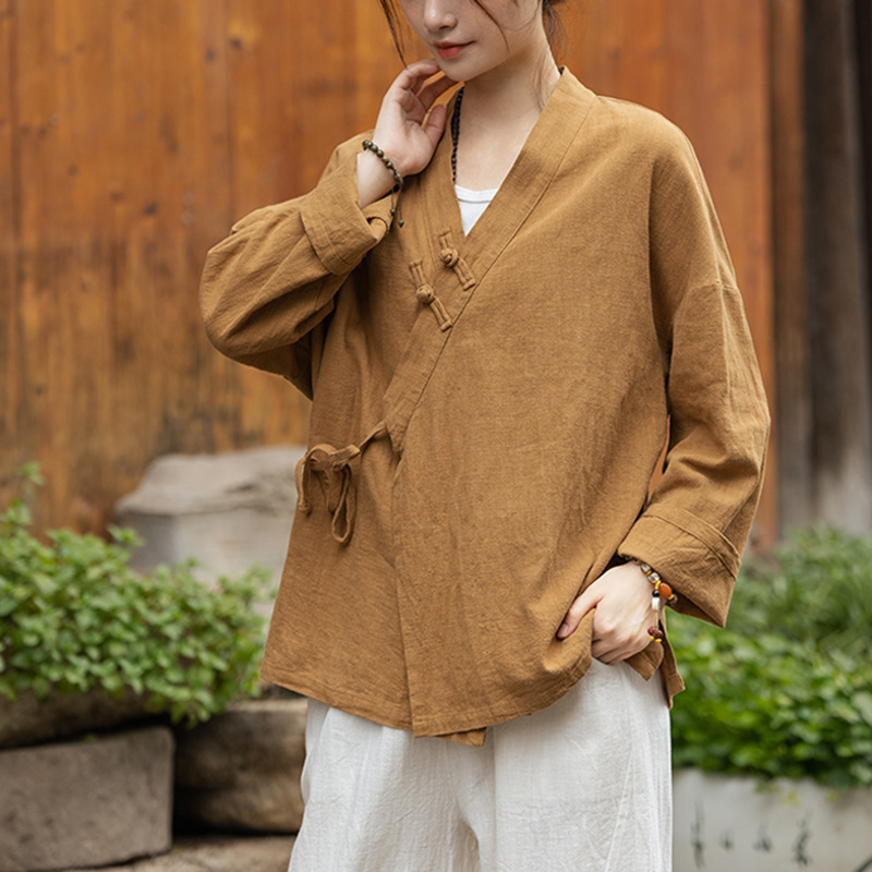 Ženski Hanfu top od ramije, s efektom pijeska (sand-washed), proljetna verzija, križni ovratnik, kineski stil, bluza za čajnu ceremoniju, Zen inspiriran