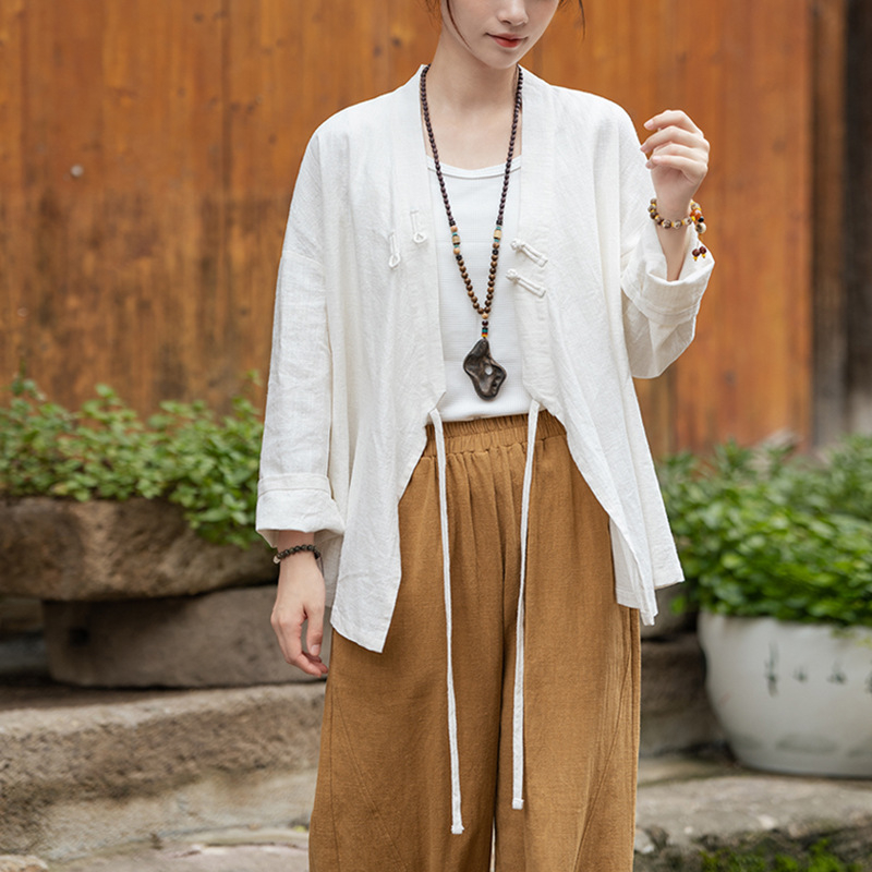 Ženski Hanfu top od ramije, s efektom pijeska (sand-washed), proljetna verzija, križni ovratnik, kineski stil, bluza za čajnu ceremoniju, Zen inspiriran