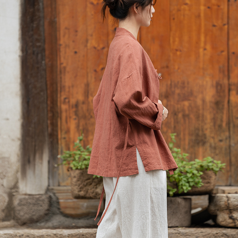 Ženski Hanfu top od ramije, s efektom pijeska (sand-washed), proljetna verzija, križni ovratnik, kineski stil, bluza za čajnu ceremoniju, Zen inspiriran
