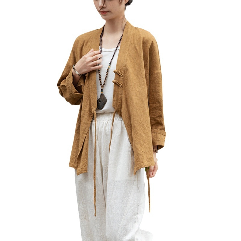 Ženski Hanfu top od ramije, s efektom pijeska (sand-washed), proljetna verzija, križni ovratnik, kineski stil, bluza za čajnu ceremoniju, Zen inspiriran