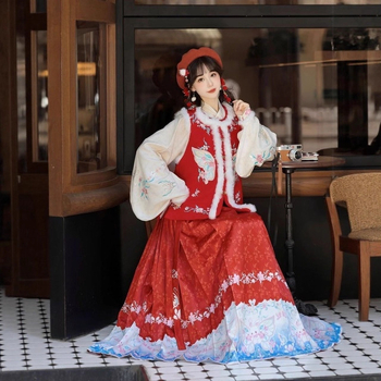 Ženski Hanfu zimski topli komplet — Ming stil s okruglim ovratnikom i izšivana Mamian suknja