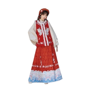 Ženski Hanfu zimski topli komplet — Ming stil s okruglim ovratnikom i izšivana Mamian suknja