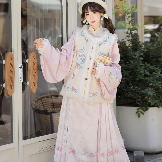 Ženski Hanfu zimski topli komplet — Ming stil s okruglim ovratnikom i izšivana Mamian suknja