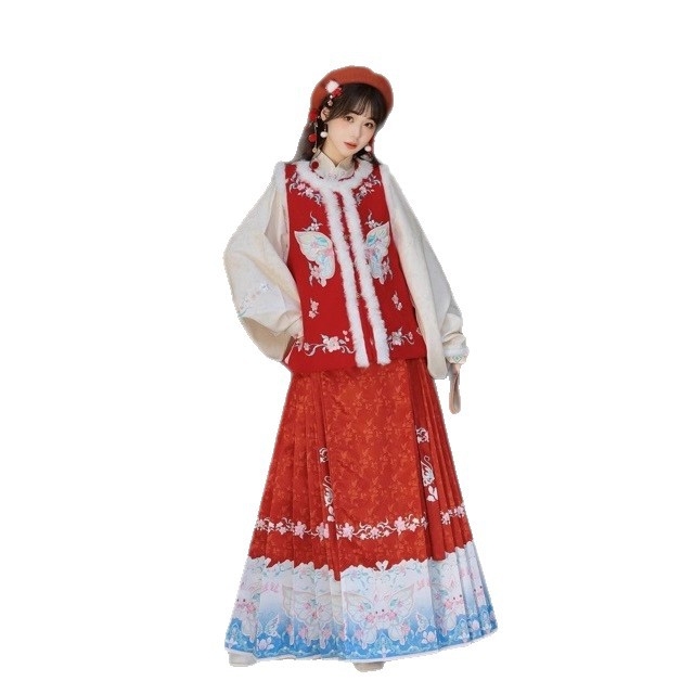 Ženski Hanfu zimski topli komplet — Ming stil s okruglim ovratnikom i izšivana Mamian suknja