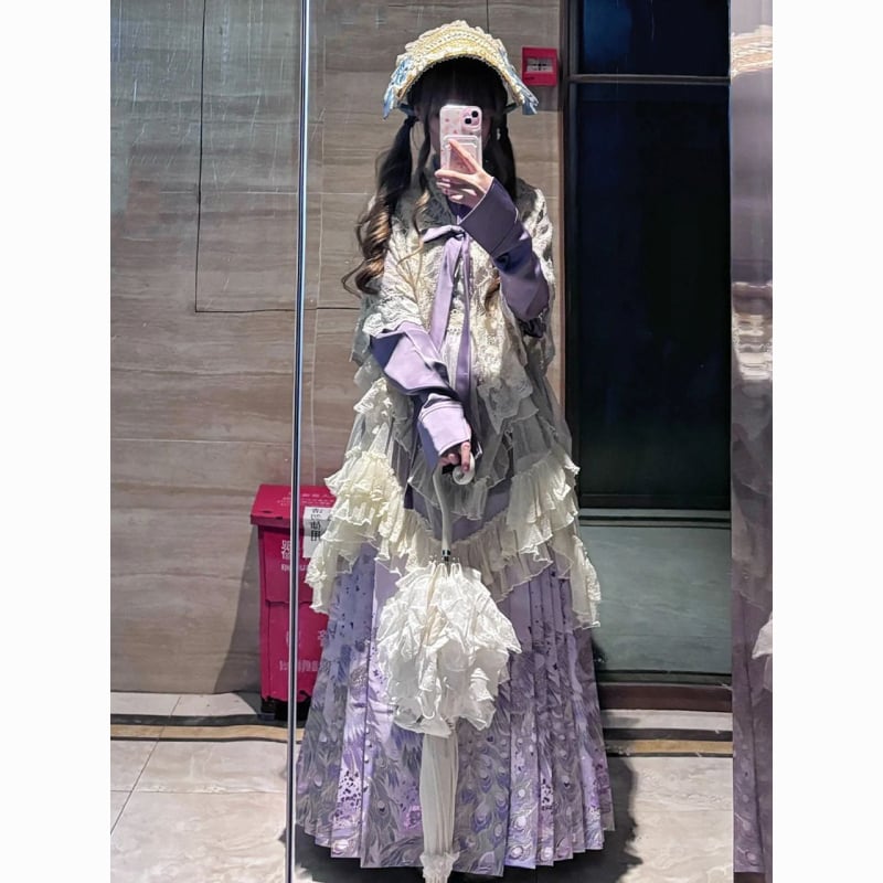 Hanfu set za jesen-zimu u ljubičastoj boji: kardigan s križnim ovratnikom, Mamian suknja, Lolita stil s Han elementima