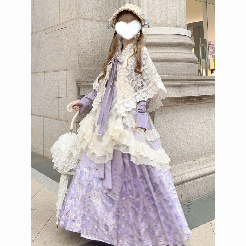 Hanfu set za jesen-zimu u ljubičastoj boji: kardigan s križnim ovratnikom, Mamian suknja, Lolita stil s Han elementima