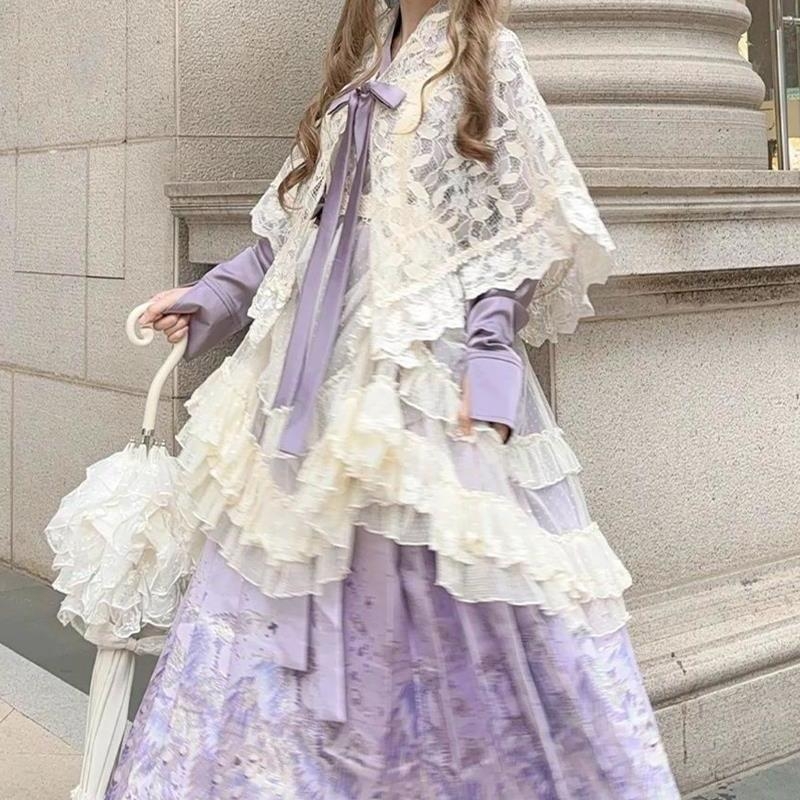 Hanfu set za jesen-zimu u ljubičastoj boji: kardigan s križnim ovratnikom, Mamian suknja, Lolita stil s Han elementima