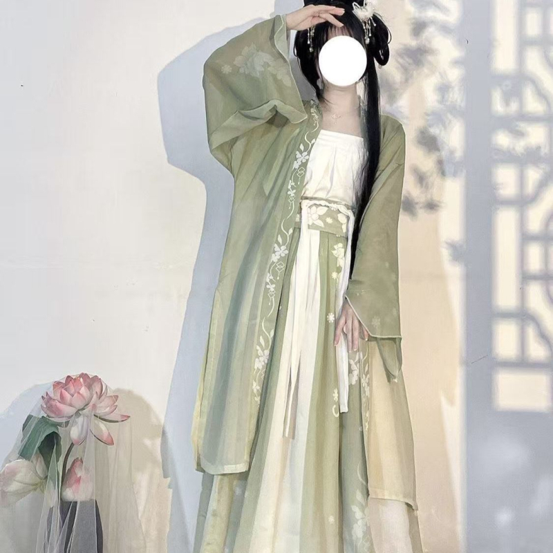 Hanfu ženski set, stil dinastije Song, plus veličina, svijetlozelena, ultra-tanka tkanina, proljeće-ljeto-jesen