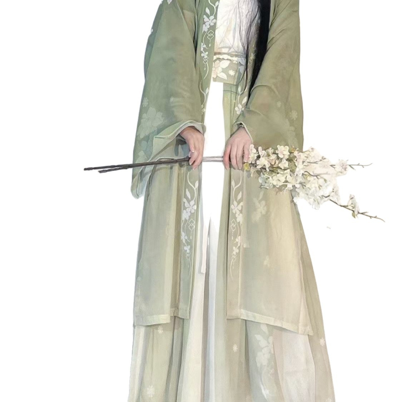 Hanfu ženski set, stil dinastije Song, plus veličina, svijetlozelena, ultra-tanka tkanina, proljeće-ljeto-jesen