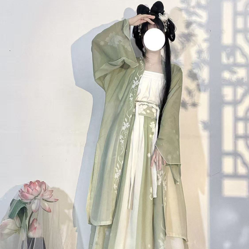 Hanfu ženski set, stil dinastije Song, plus veličina, svijetlozelena, ultra-tanka tkanina, proljeće-ljeto-jesen
