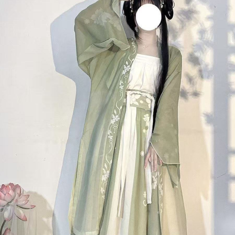 Hanfu ženski set, stil dinastije Song, plus veličina, svijetlozelena, ultra-tanka tkanina, proljeće-ljeto-jesen