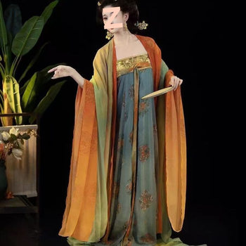 Dvodjelna Hanfu set s izvezenim vitkim krojem, gornji dio do prsa s širokim rukavima, Tang stil, proljeće-ljeto-jesen