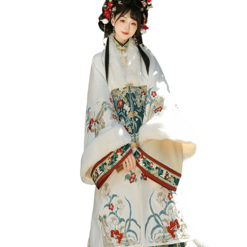Luo Zhu original Hanfu – ženski Ming stil dugi kaput s ovratnikom, fleece podstava, debela suknja s životinjskim uzorkom, zima 2024