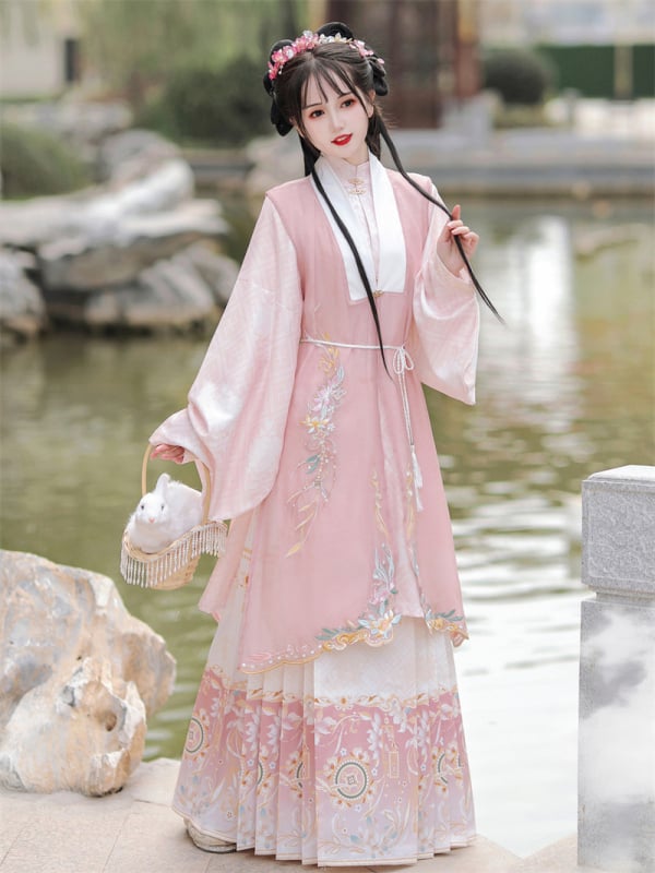 Hanfu Flower Language: Ušivena Ming stil haljina s stojećim ovratnikom, dugačka haljina s prslukom i jedinstvena suknja s konjskim licem