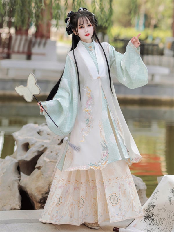 Hanfu Flower Language: Ušivena Ming stil haljina s stojećim ovratnikom, dugačka haljina s prslukom i jedinstvena suknja s konjskim licem