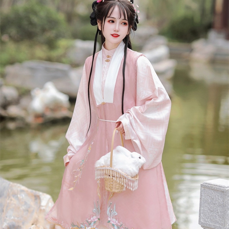 Hanfu Flower Language: Ušivena Ming stil haljina s stojećim ovratnikom, dugačka haljina s prslukom i jedinstvena suknja s konjskim licem