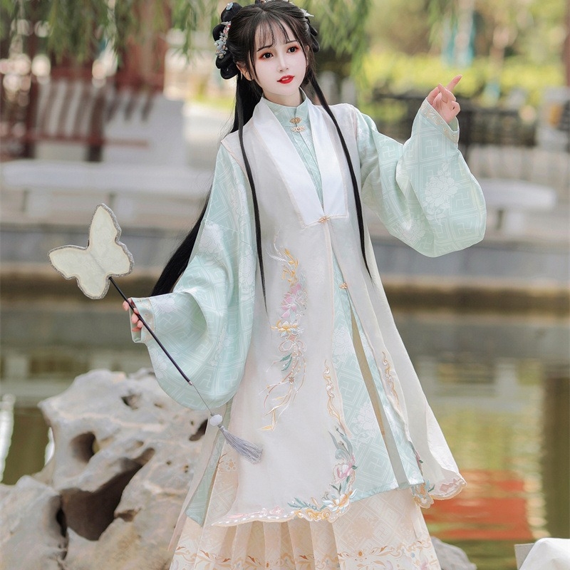 Hanfu Flower Language: Ušivena Ming stil haljina s stojećim ovratnikom, dugačka haljina s prslukom i jedinstvena suknja s konjskim licem