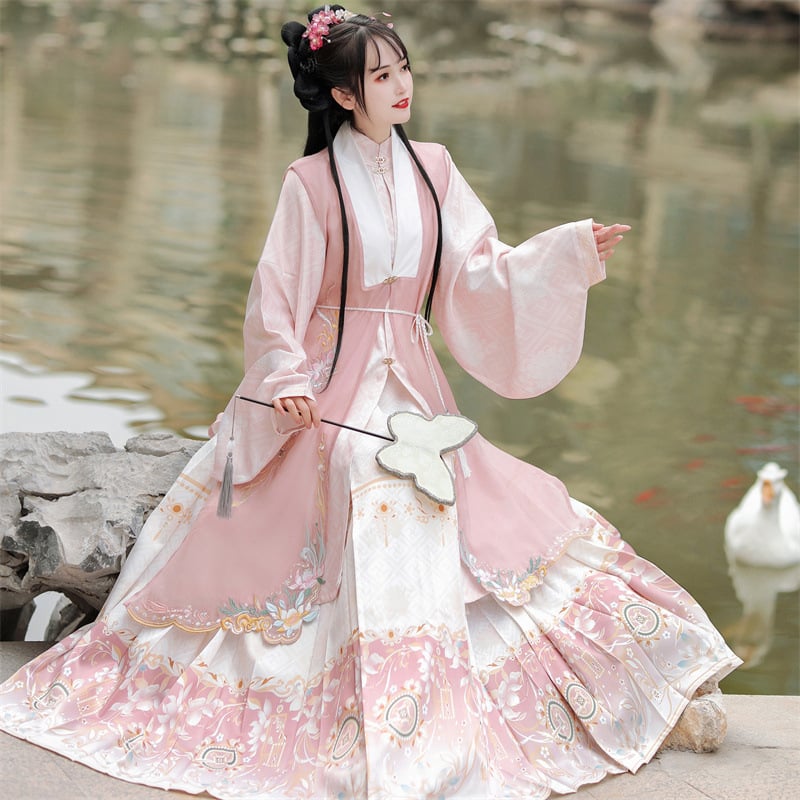 Hanfu Flower Language: Ušivena Ming stil haljina s stojećim ovratnikom, dugačka haljina s prslukom i jedinstvena suknja s konjskim licem