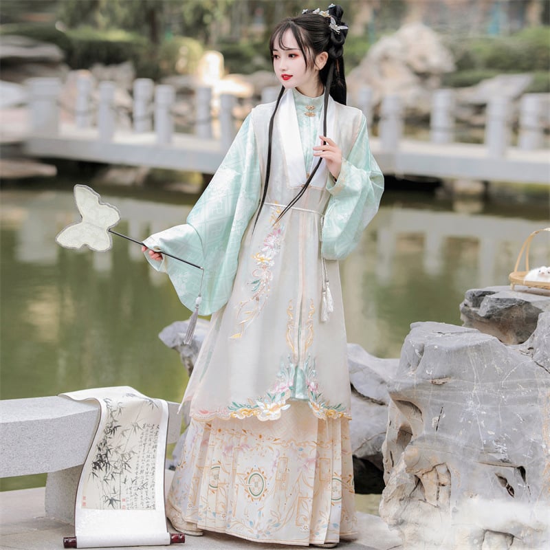 Hanfu Flower Language: Ušivena Ming stil haljina s stojećim ovratnikom, dugačka haljina s prslukom i jedinstvena suknja s konjskim licem