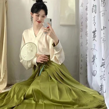 Ženski Hanfu set – kineskog stila, svakodnevna moderna odjeća, elegantna zelena plisirana suknja, jesen