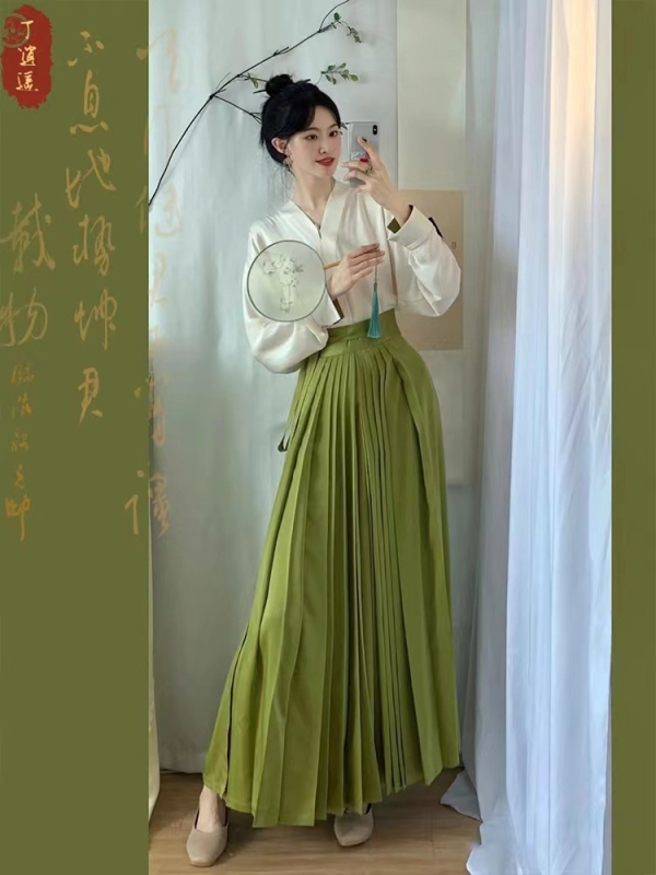Ženski Hanfu set – kineskog stila, svakodnevna moderna odjeća, elegantna zelena plisirana suknja, jesen